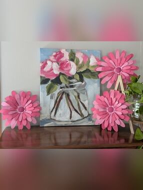 4️⃣ Piece Decor Set | 20"x18" Flower Art | 3️⃣ Pink Metal Flowers 11" 🌸